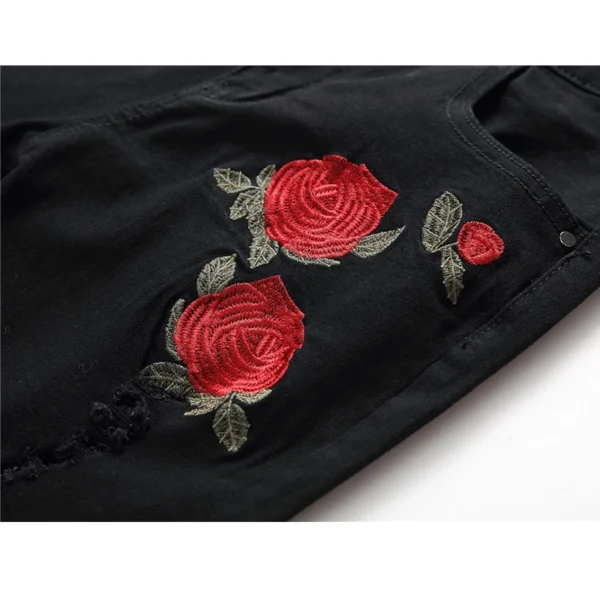 New Black Ripped Jeans with Embroidery Men with Flowers Rose Embroidered Men's Denim Jeans Stretch Skinny Jeans Pants - Image 4