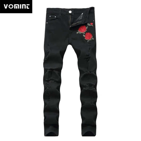 New Black Ripped Jeans with Embroidery Men with Flowers Rose Embroidered Men's Denim Jeans Stretch Skinny Jeans Pants