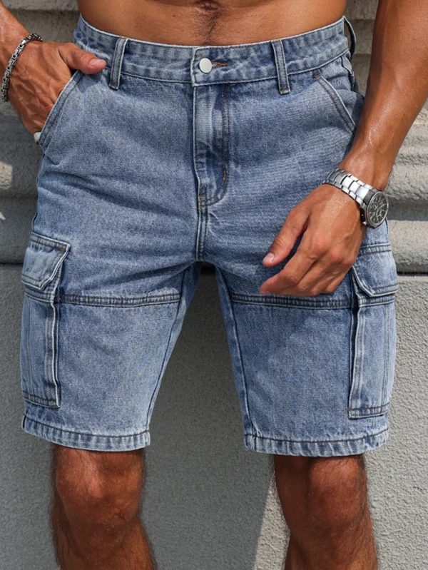 Men's summer blue regular denim shorts. Multi-pocket design. Stylish and casual.
