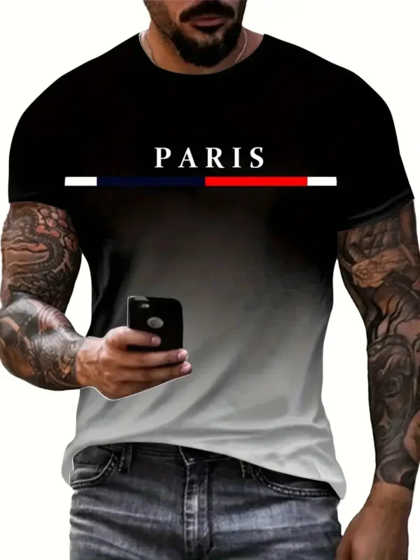 Summer men's gradient Paris letter 3D printed T-shirt for outdoor sports quick drying short sleeved top plus size men's clothing - Image 2