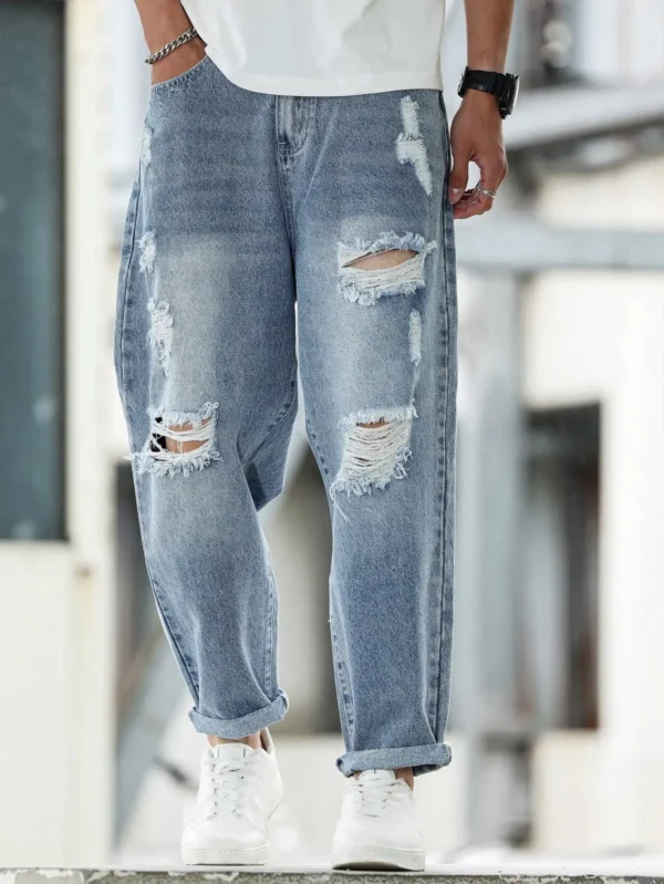Men's Blue Ripped Denim Harem Pants for Spring and Autumn. Street Fashion. Casual Trend 。