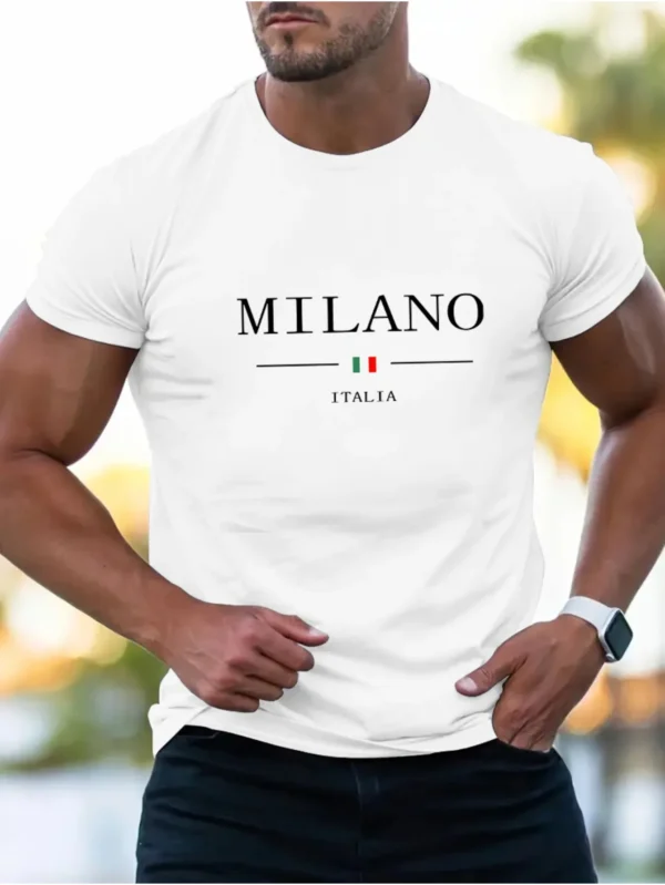 Summer Men's 100% Cotton Casual Sports Loose Plus MILANO Print Comfortable Shopping Round Neck Short Sleeved T-shirt Top