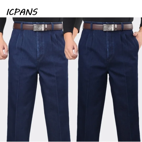 High Waist Double Pleated Denim Jeans For Men Autumn Classic Straight Loose Blue Stretch Jeans Men Pants Plus Size 30- 42 44 46