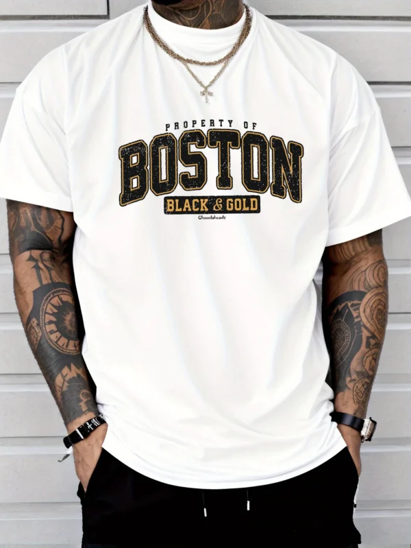 Men's summer 100 cotton fashionable casual loose plus size Boston letter printed sports round neck short sleeved T-shirt top
