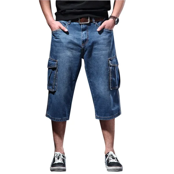 2025 summer new thin loose multi pocket workwear five quarter pants denim shorts seven quarter pants casual wide leg jeans men