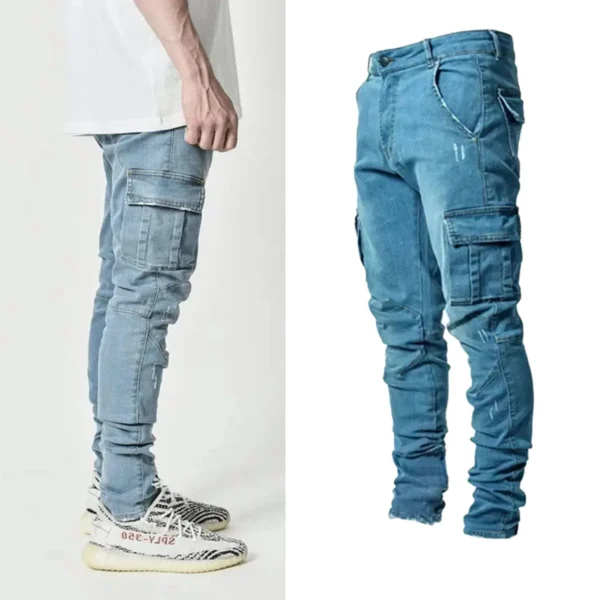 2025 Spring/Summer New Jeans Men's Pants Solid Color Multi Pocket Cowboy Mid Waist Work Pants Casual Pants Men's Daily Wear - Image 2