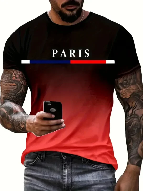 Summer men's gradient Paris letter 3D printed T-shirt for outdoor sports quick drying short sleeved top plus size men's clothing - Image 3