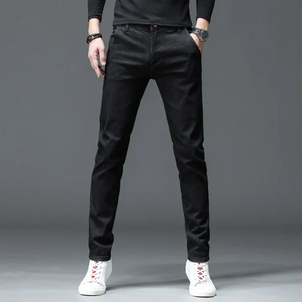 Solid Color Cotton Black Dark Gray Jeans Men's Trousers Classic Slim Stretch Casual Korean Fashion Youth Male Denim Trousers - Image 2