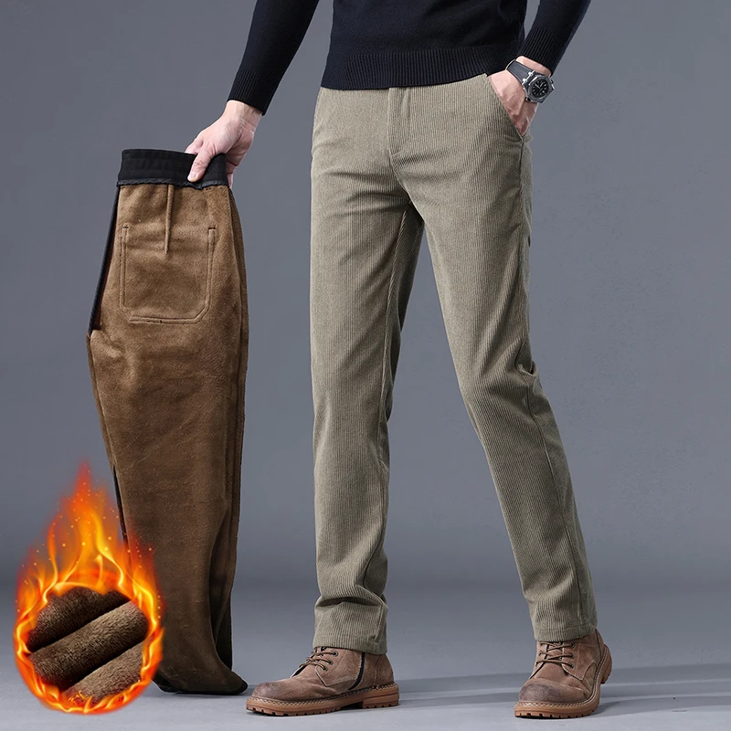 Khaki Black Gray Fleece Men's Corduroy Casual Pants Chenille Thick Stretch Business Trousers Mid-rise Brand Winter Thermal Pants - Image 2