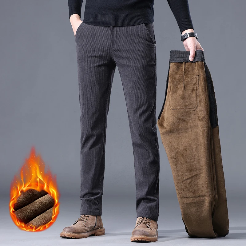 Khaki Black Gray Fleece Men's Corduroy Casual Pants Chenille Thick Stretch Business Trousers Mid-rise Brand Winter Thermal Pants - Image 6
