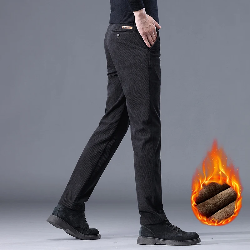Khaki Black Gray Fleece Men's Corduroy Casual Pants Chenille Thick Stretch Business Trousers Mid-rise Brand Winter Thermal Pants - Image 5
