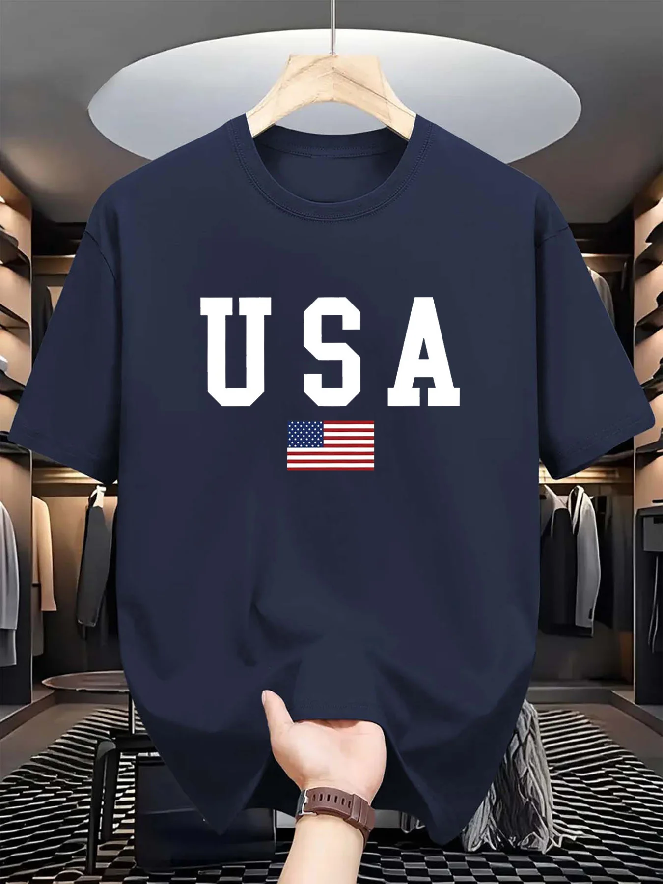 Men's summer 100% cotton fashionable casual loose fit USA American National Flag Graphic round neck short sleeved T-shirt top